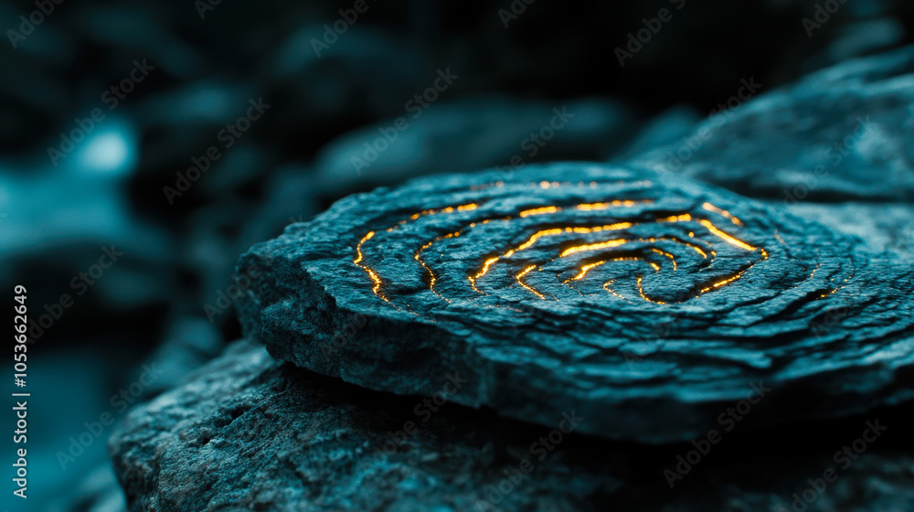 Poster a close-up of a textured rock showcases intricate spiral patterns illuminated by warm light, creatin