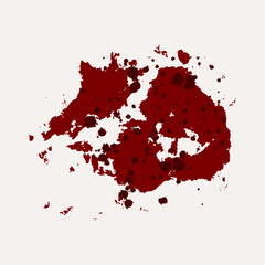 Red smear with splashes on white background, blood streaks, imprint. Realistic stain, Halloween, crime and horror design elements, textured spray stain.