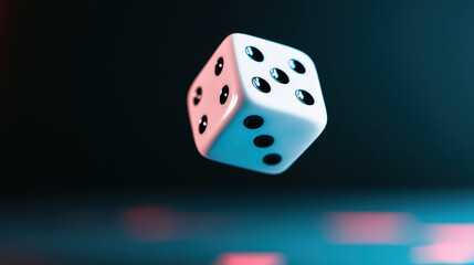 A close-up of a white six-sided die suspended in mid-air against a colorful, blurred backdrop. It shows the number six, capturing themes of chance, gaming, and leisure.