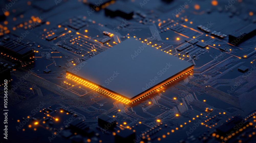 Poster a detailed close-up of a microchip on a dark circuit board, illuminated by a warm orange glow. fine 