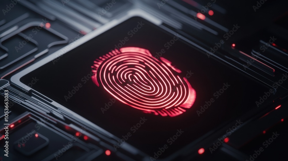 Poster a digital a glowing red fingerprint against intricate circuit patterns, symbolizing biometric securi