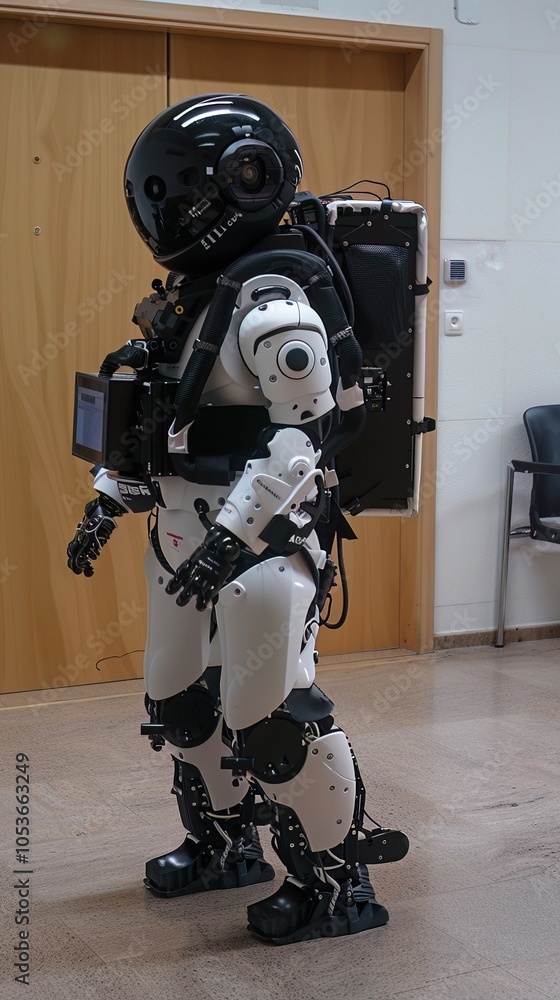 Aufkleber a humanoid robot with a sleek white and black design stands in a modern space, featuring jointed lim