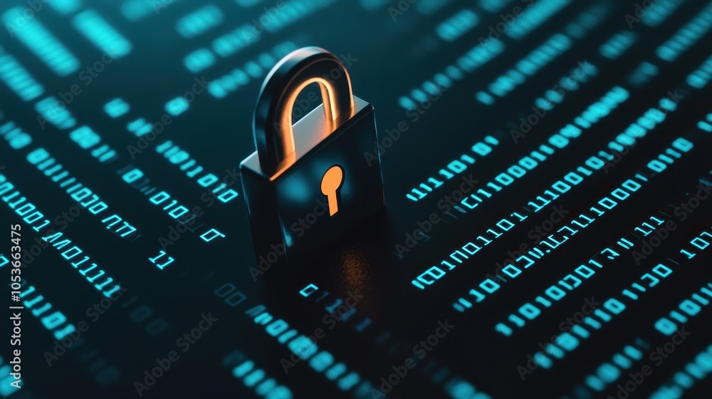 Poster a metallic padlock stands out against a vibrant backdrop of glowing binary code, symbolizing digital