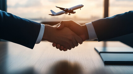 A professional handshake between two businesspeople symbolizes partnership and agreement. An airplane takes off in the background, highlighting themes of travel and global commerce.