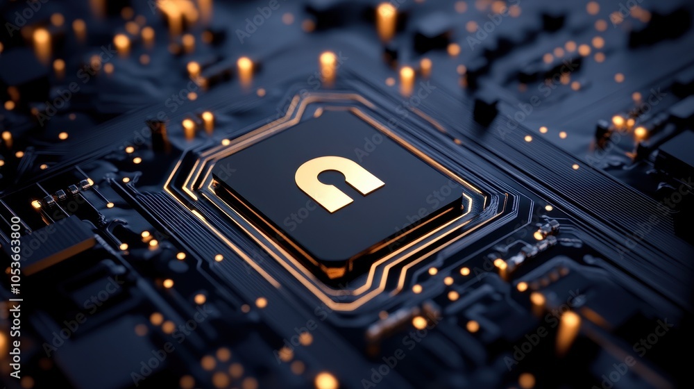 Poster a striking close-up of a modern microchip with a lock symbol at its center, highlighting cybersecuri