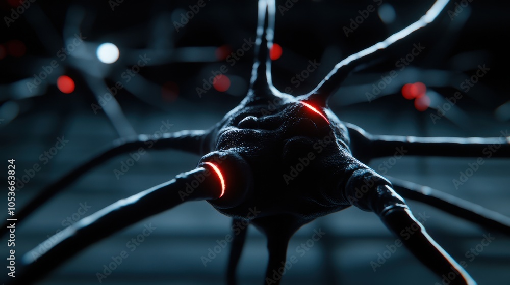 Poster a striking close-up of a futuristic neuron, showcasing intricate tendrils and pulsating red accents 