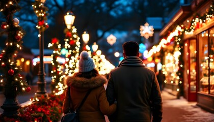 Fototapeta premium People strolling through a charming snow-covered town, enjoying each other's company, surrounded by cozy shops and festive decorations, creating a warm and joyful winter atmosphere