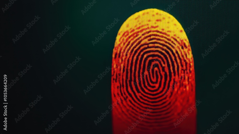 Poster a vibrant close-up of a fingerprint in bright red and yellow against a dark green background highlig