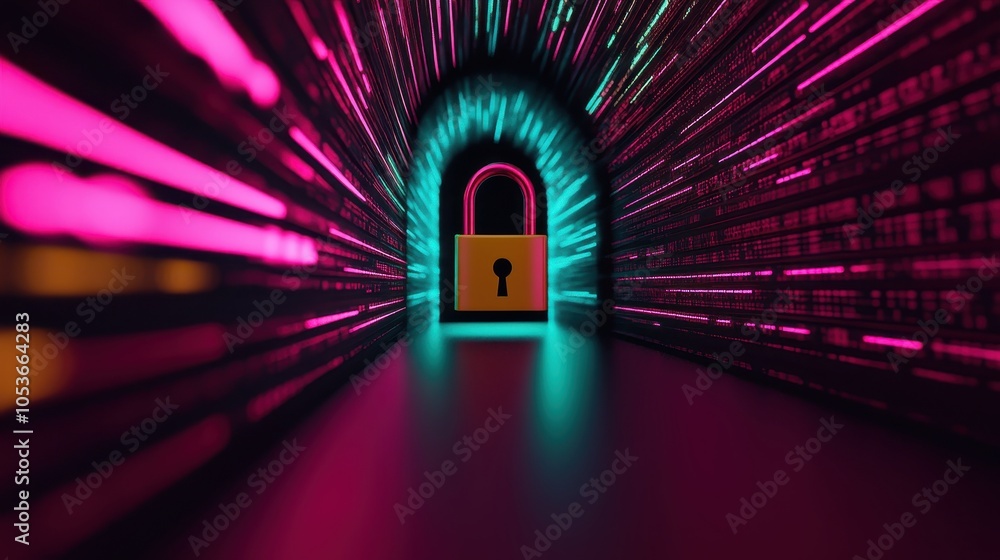 Poster a vibrant digital a yellow lock at the center of a neon-lit tunnel, surrounded by dark tones and abs