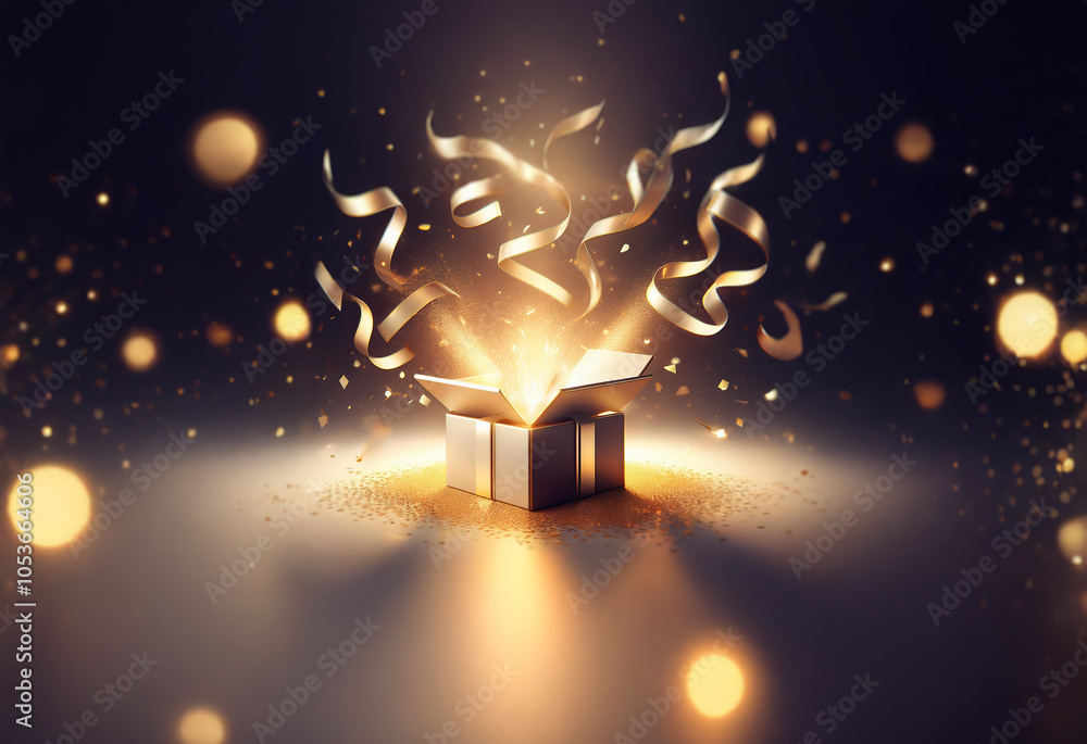 Poster an open gift box with sparkling golden light emitting from within, surrounded by shimmering confetti
