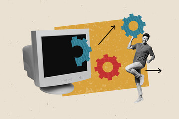 Composite photo collage of happy man freelancer stand pc monitor settings gearwheel arrow desktop...