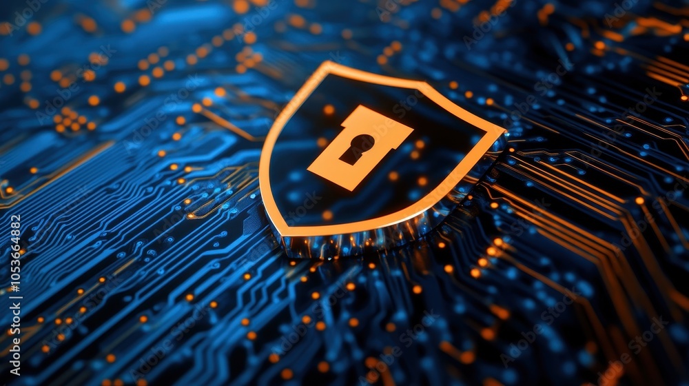 Poster an abstract representation of digital security featuring a shield with a keyhole, set against intric
