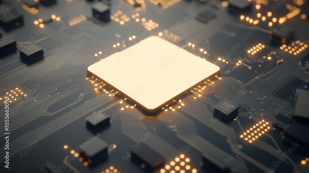 Poster close-up of a modern microprocessor on a black circuit board, softly illuminated. image highlights i