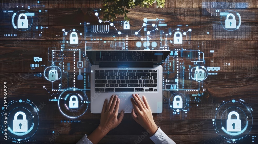 Poster cybersecurity concept with a person using a laptop, surrounded by holographic digital locks and secu