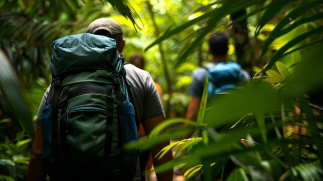 Nature Hike, Hikers on a guided tour through a lush, green nature trail with copy space