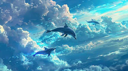 Fototapeta premium Sea and sky swap places, dolphins swim through clouds, chasing the horizon on National Dolphin Day