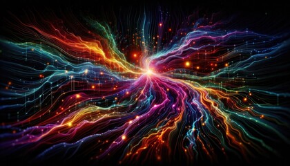 Obraz premium Abstract Flow of Deep Learning Network - Glowing Data Particles Through Neural Layers, Futuristic AI Art Concept, No People
