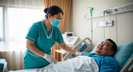 Obraz premium Asian nurse caring for patient compassionate smile scrubs and mask hospital room with bed overweight early thirties male