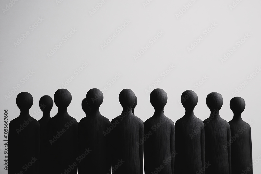 Aufkleber a row of black abstract figures with rounded heads stands against a gray background creating a minim