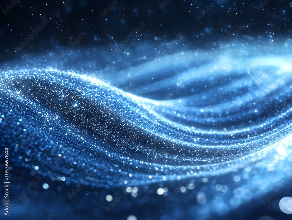 Poster a shimmering wave of blue light particles creating a dynamic, abstract visual effect.