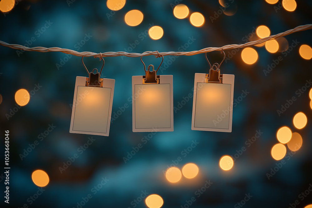 Aufkleber three blank photo frames hanging on string lights with bokeh background