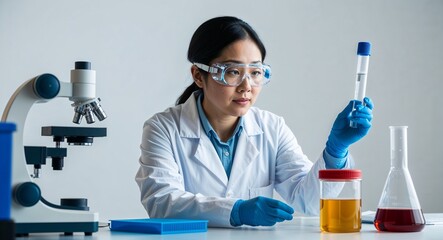 Asian researcher in lab conducting experiment focused demeanor lab coat and goggles plain white background chubby build mid thirties female