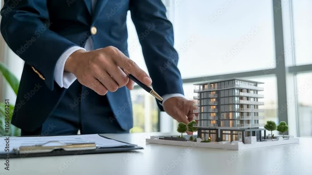 Poster a professional examining a building model with a pen in a modern office setting.