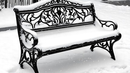 Ornate Black Iron Bench Covered in Snow