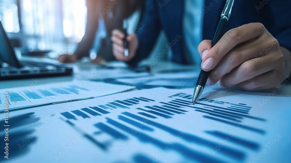 Poster business team analyzing data charts on table