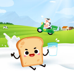 A playful cartoon illustration of a child on a farm with a cow and a puppy, surrounded by green grass, trees, and a bright sky, capturing a fun moment in nature