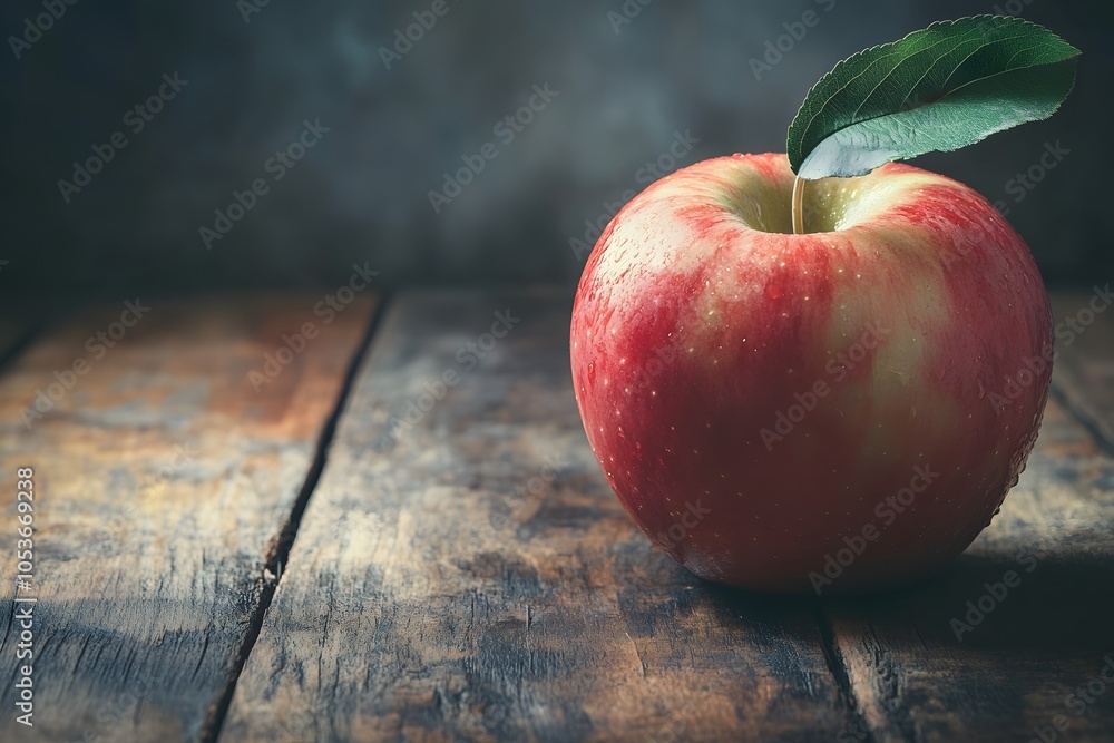 Poster a single red apple with a leaf on a rustic wooden surface, creating a natural, inviting scene.