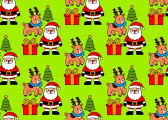 Seamless Christmas pattern on a light green background. Christmas pattern with deer, Santa and gifts. Happy new year. Christmas background.