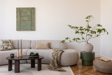 Cozy living room with a soft sectional, rustic coffee table, and lush plants, perfect for relaxing...