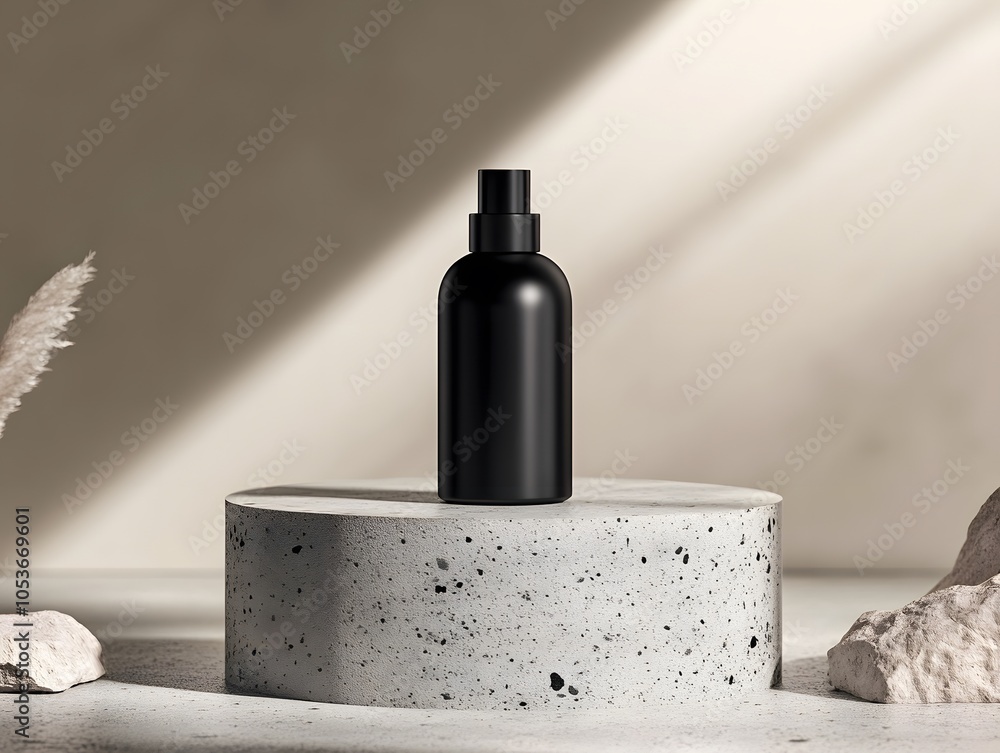 Wall mural a sleek black spray bottle on a textured concrete pedestal, set against soft lighting.