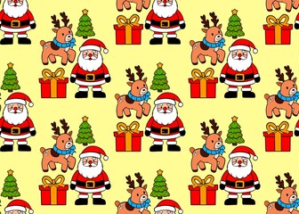 Seamless Christmas pattern on a yellow background. Christmas pattern with deer, Santa and gifts. Happy new year. Christmas background.