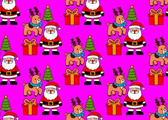 Obraz premium Seamless Christmas pattern on a pink background. Christmas pattern with deer, Santa and gifts. Happy new year. Christmas background.