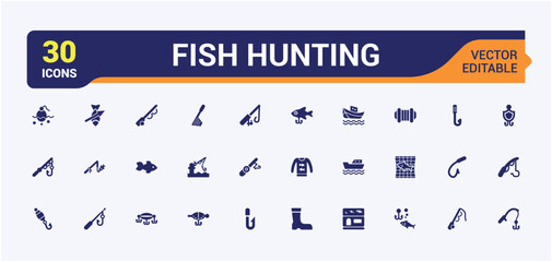 Set of Fishing solid icons. Related to fisherman, fish, catch, lake, freshwater and more. Modern flat icons. Vector filled icons Collection.