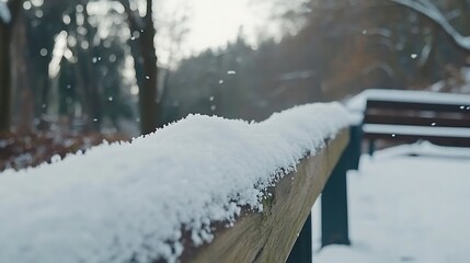 Snow-Covered Wooden Railing with Blurred Background of Trees and Falling Snow