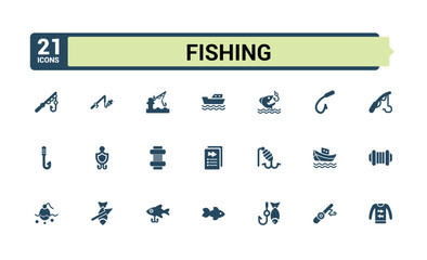 Fishing vector solid icon set. Includes icons for ocean, catch, lake, float, freshwater, compass and more. Flat filled style icons. Editable vector illustration.