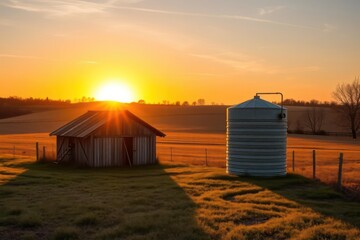 Sunset over farm with shed and water tank