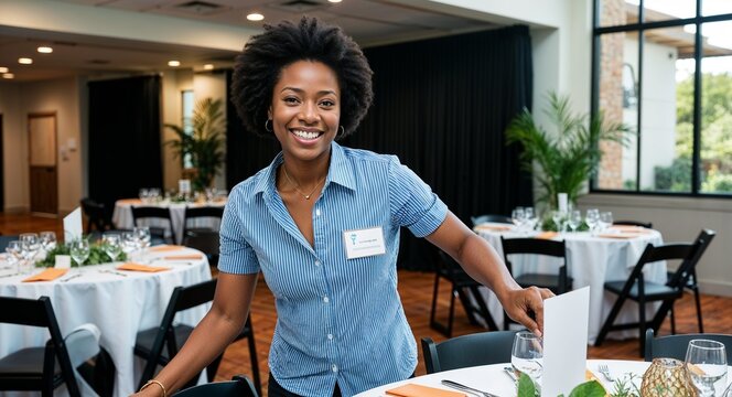 African event coordinator setting up cheerful smile casual clothes event space with tables and decor solid build early twenties female