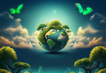 A green and blue globe Earth with lush trees, floating in a blue sky filled with white fluffy clouds.