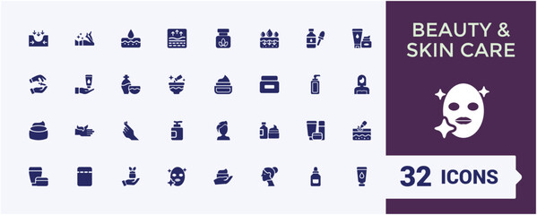 Skin Care icons in filled style. Related to facial, make-up, foam, mask, nutritious, sunscreen, solid and more. Set of filled pictogram. Editable vector icon and illustration.