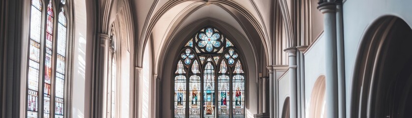 A serene interior of a church featuring stained glass windows and vaulted ceilings.