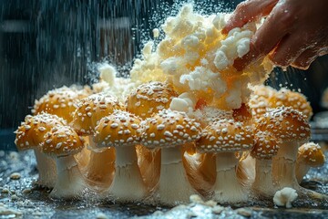 Hand Sprinkling Water on a Cluster of Yellow and White Mushrooms