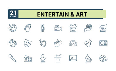 Entertainment and Arts icon pack. Includes icons for painting, entertainment, design, frame, theatre, artwork, art. Simple icon designs. Editable vector icon and illustration.