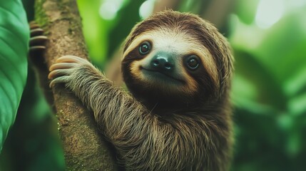 Fototapeta premium A cute sloth hanging from a tree, surrounded by vibrant green leaves in a lush rainforest setting.