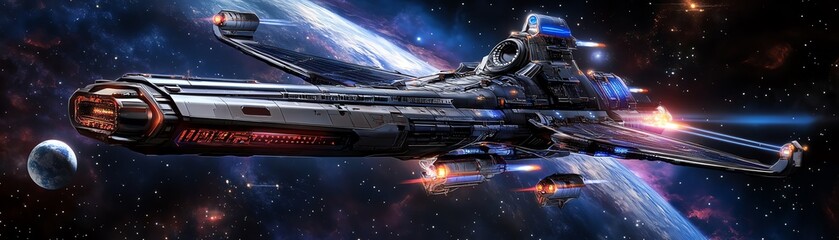 Futuristic spaceship traveling through a vibrant galaxy with colorful stars and planets. Ideal for sci-fi themes and cosmic exploration.