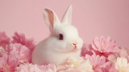 Obraz premium Cute white rabbit resting among soft pink flowers, embodying spring and tranquility in a beautiful floral setting.