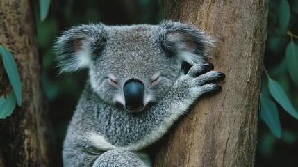 Obraz premium A serene koala resting against a tree trunk, showcasing its plush fur and gentle demeanor in a peaceful natural setting.